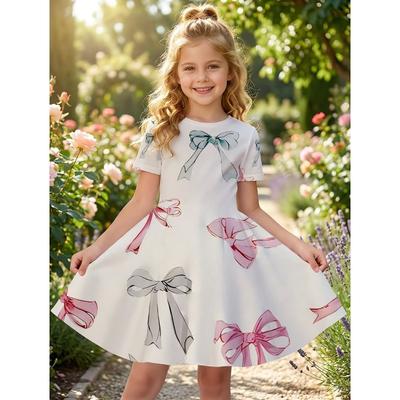 Mädchenkleider Kurzarm Sommerkleid Schleife Herzmuster Hawaiianischer Urlaub Strandkleid Outfits Lagerfeuer Mädchen Partykleider