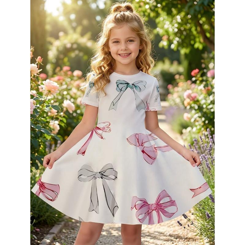 Girl Dresses Short Sleeve Summer Dress Bowknot Heart Print Hawaiian Vacation Beachwear Dress Outfits Bonfire Girls Party Dresses
