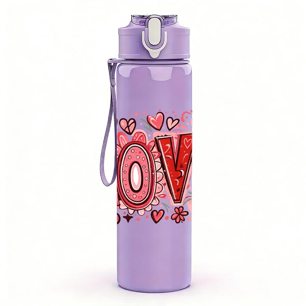 1PC Big Red LOVE Letter Art Print 750ml Color Plastic Sports Water Bottle Leakproof Flip Straw Lid Suitable for Sports Office Home Use