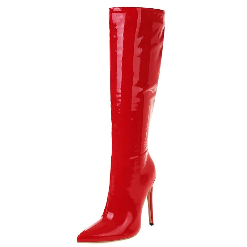 Point Toe Knee High Boots Zipper Autumn Winter Women's High Boots Patent Leather Long Thigh Dance Fetish Shoes Lady Large Size