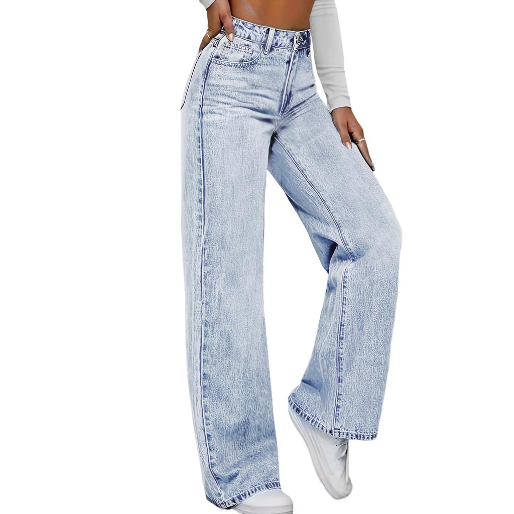 Women's High Waist Washed Women's Jeans Fashionable Versatile Straight Leg Pants
