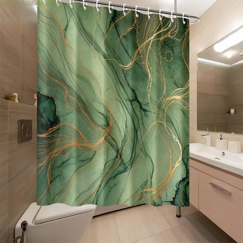 1pc Elegant Green & Shower Curtain with 12 Hooks - Luxury Bathroom Decor Suitable for Home & Hotel Use, Digitally Printed, Mac
