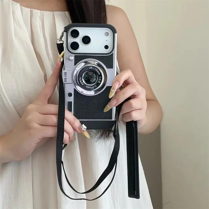 3D Retro Camera Phone Case with Crossbody Lanyard for iPhone 17 16 Pro Max 15 14 13 12 11 XS Max XR X 8 7 Plus SE 2026 Mini