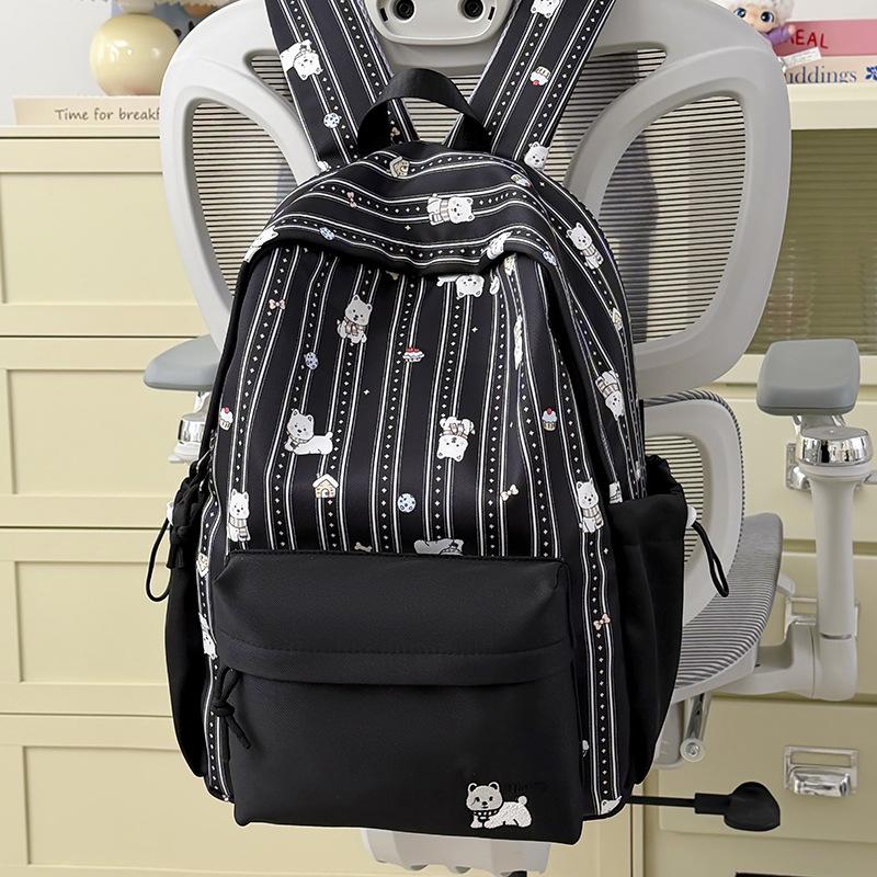 Schoolbag Female Japanese Small Fresh Sweet Printed Bear Striped Backpack Junior High School Student Lightweight Large Capacity Backpack