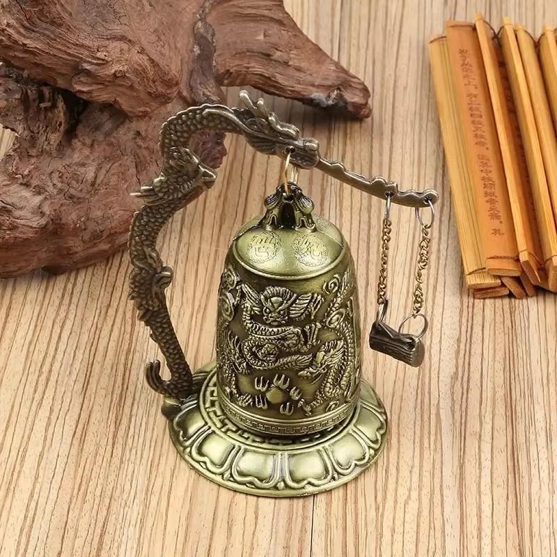 1Pc New Hot Selling Good Luck Feng Shui Ornament Home Decor Figurines Metal Bell Carved Dragon Buddhist Clock Home Decor Supply