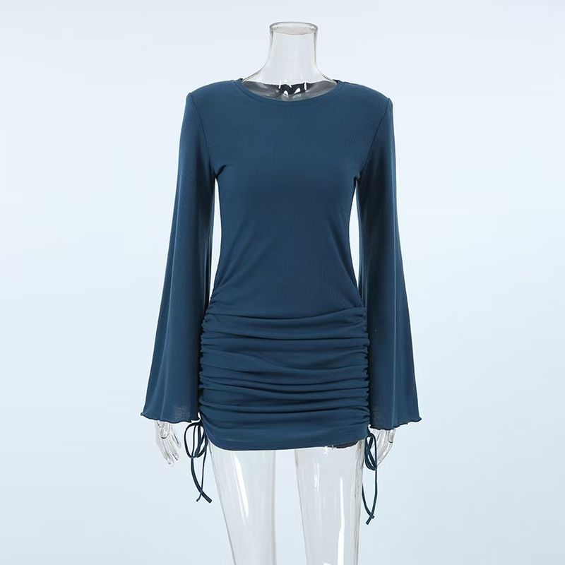 Fall Fashion Fashion round-Neck Flared Sleeves Shoelace Dress Trumpet Sleeve Lace up Dress