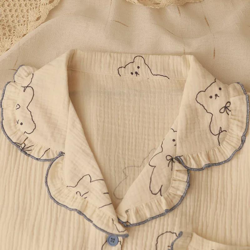 Damen Spitzen Langarm Strickjacke Pyjama Set - Süßes Blasen-Design für Frühling und Herbst