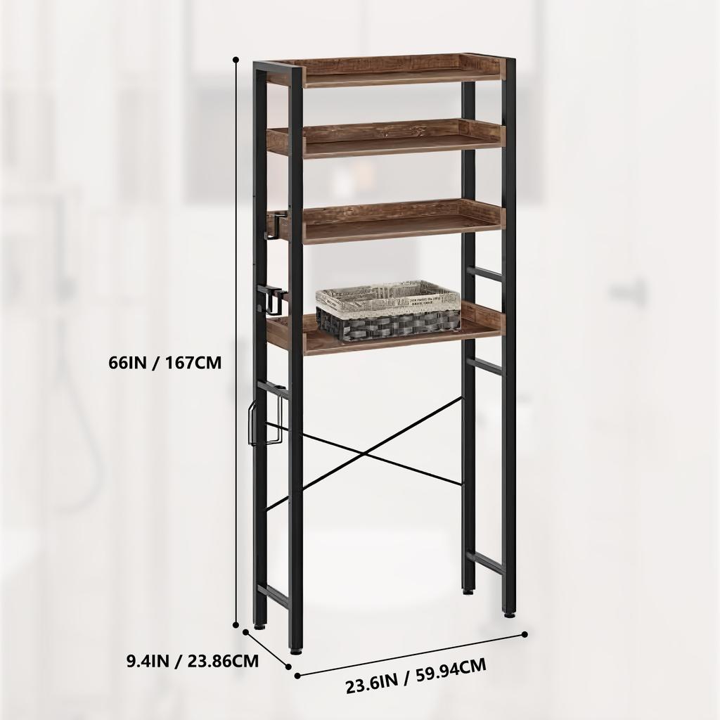 4-Tier Over-The-Toilet Storage Rack Freestanding Bathroom Organizer Freestanding Space Saver Toilet Stand with 4 Hooks