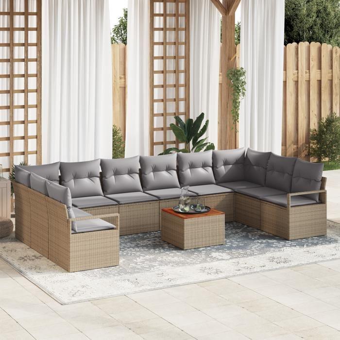 Ensemble de canapés de jardin vidaXL 11 pièces avec coussins beige poly rotin acacia, Canapé de jardin 2 places vidaXL356425