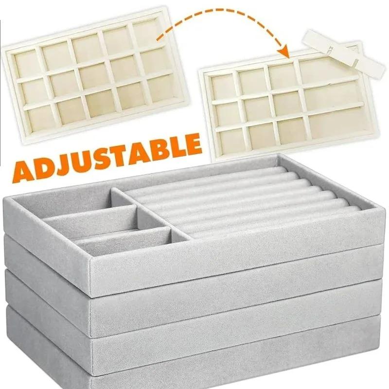 Simple Beige Grey Square Velvet Jewelry Storage Tray Display Ring Bracelet Necklace Storage Box Showcase Drawer Organizer Trays