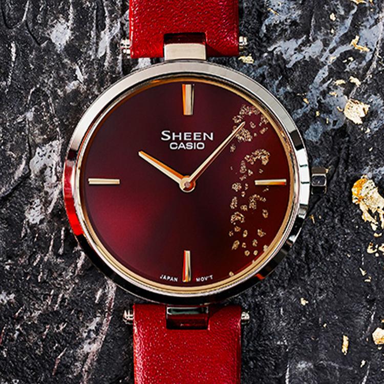Casio Sheen Gold Foil Ultra-Thin Minimalist Quartz Watch Leather Strap Women watches Red SHE-C100L-4AUPFJD