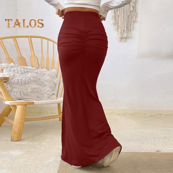 Women Maxi Skirt High Waist Solid Color Fishtail Skirt Slim Fit Hip Lifting Ankle Length Skirt Shirring Design Long Skirt