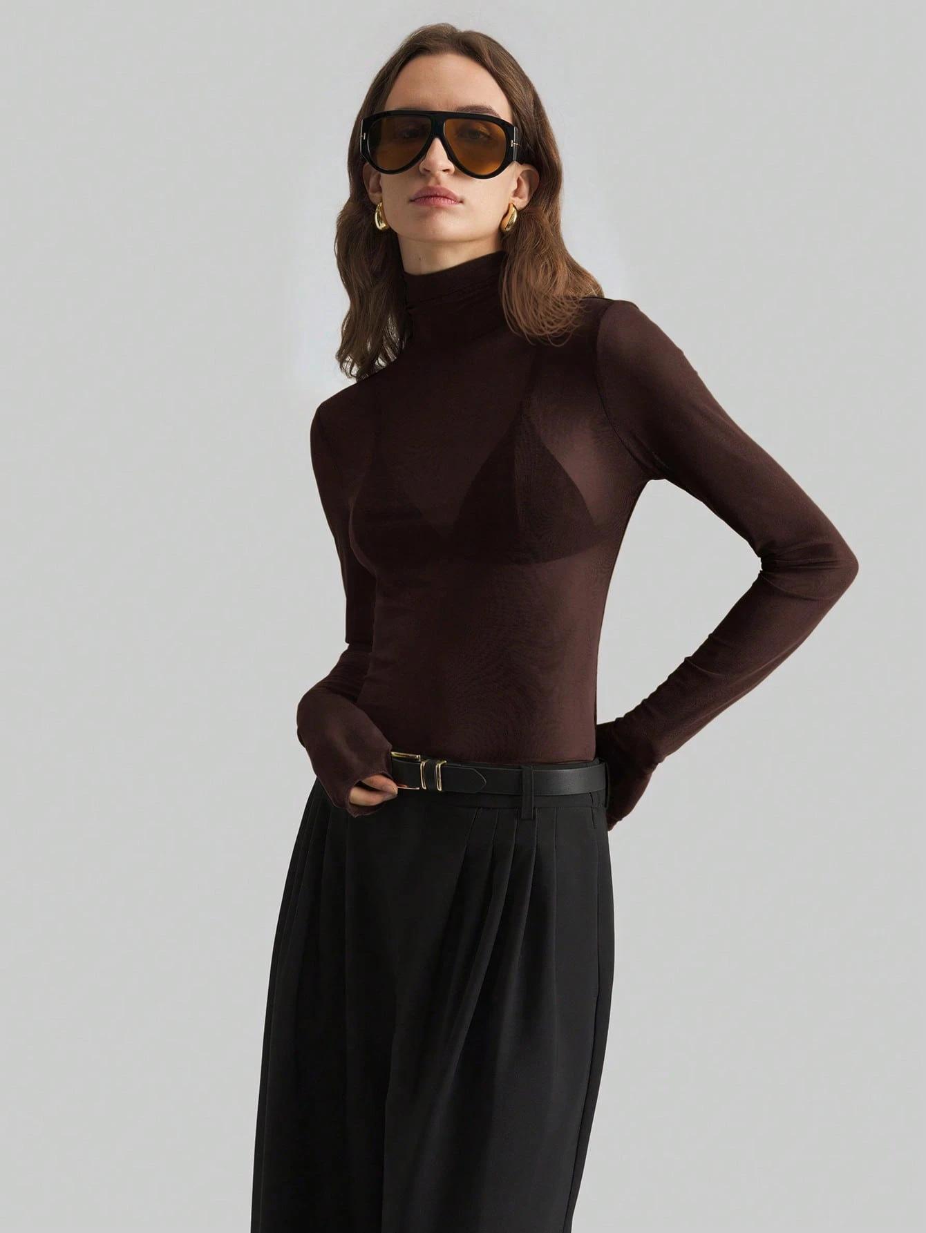 

Autumn Winter Stand Collar Solid Mesh Slim Long Sleeve Flattering Commute Top Women Fashion Daily Basic Casual Slim Fit Ladies Elegant Top XXL темно-коричневого кольору