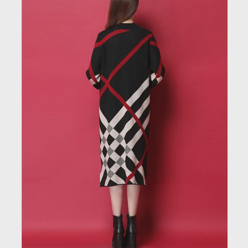 2025 Damen Lockerer Midilanger Karierter Strickpulloverkleid für Herbst/Winter