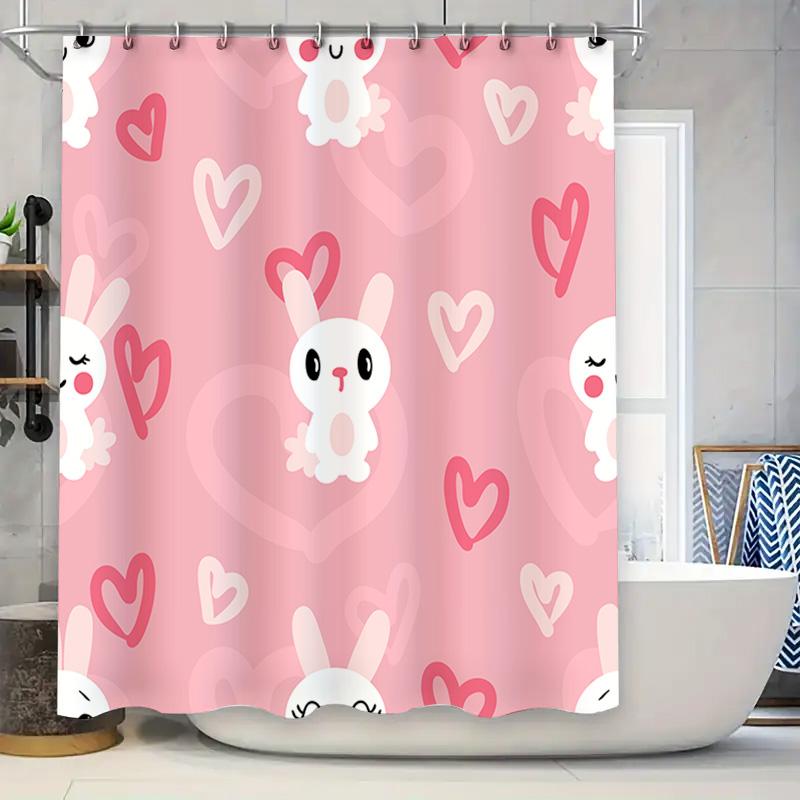 

Pink Bunny Print Shower Curtain: Cute Rabbit Heart Pattern Home Decor Bathroom Accessories For Kids Girl S Room Wedding Party De W60H190(CM)-1 Pcs
