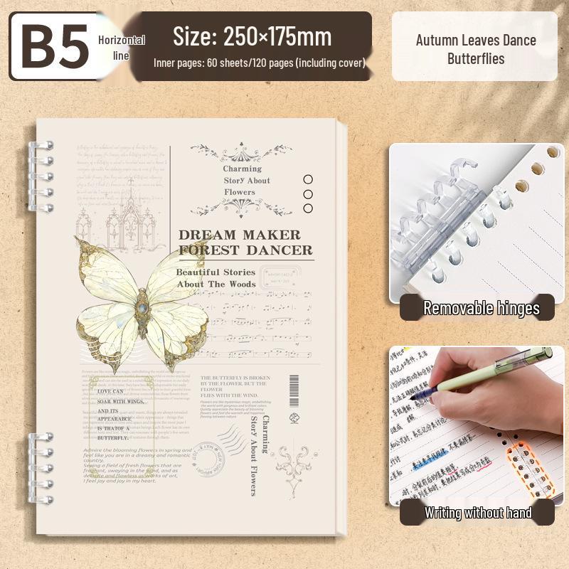 Butterfly Retro English Loose-Leaf Binder: A5 Lined Inner Core B5 Single Book with OPP Bag Packaging