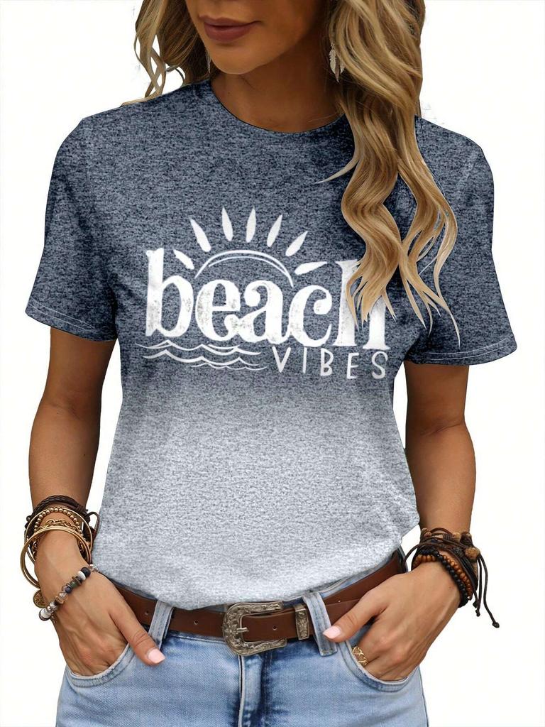 Summer Letter Beach Vibes 3D Print T-shirts Women Streetwear Casual Fashion Y2k Short Sleeve T Shirt O-neck Tees Tops Clothing