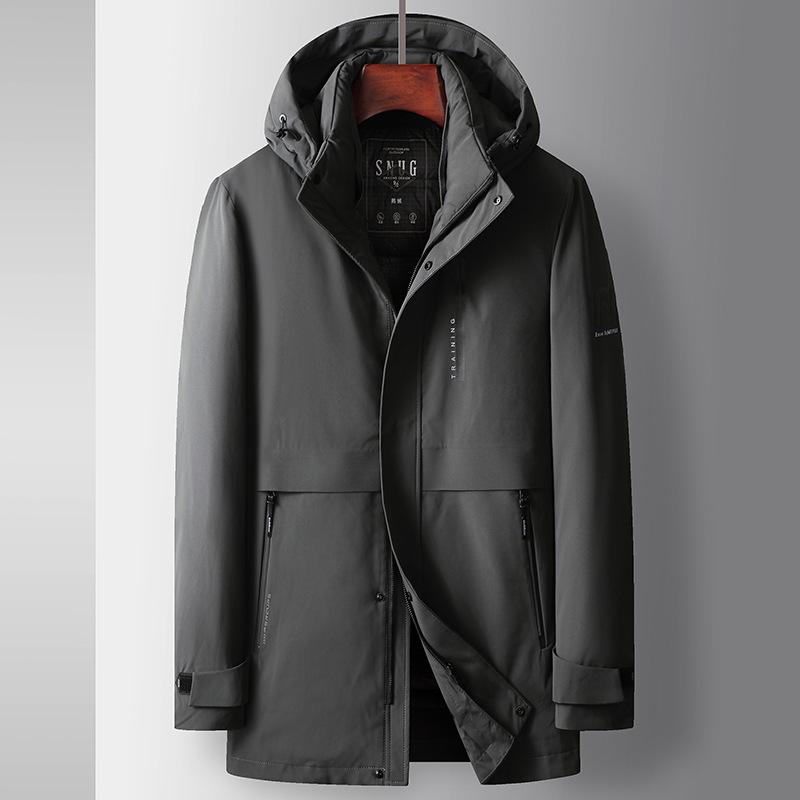 

Осенне-зимняя куртка с капюшоном и утолщенным пухом из белого гусиного пуха средней и длинной длины для среднего и молодого возраста 185 серый