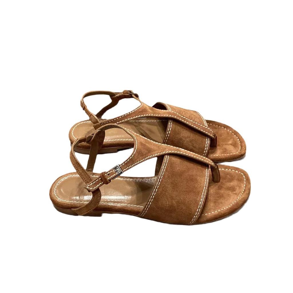 2025 neue Sommer Wildleder Zehen flache Römersandalen Damen Leder Retro vielseitig Fersenriemen coole Pantoletten