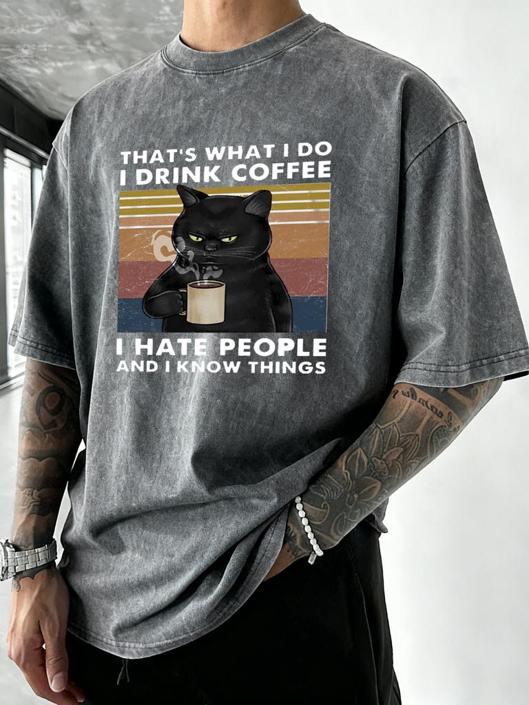 Cats Love To Drink Coffee Pattern Washed TShirts Men Oversized Casual T Shirt Sport Crewneck Tee Tops Cotton Summer Clothes