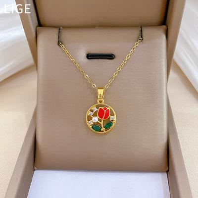 Titanium Steel, Dripping Rose Light Luxury Temperament Gorgeous Full Diamond Necklace Female Versatile Collarbone Chain Titanium Steel