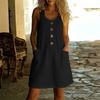 Women Sleeveless U-Neck Tank Dress Button Front Pocket Casual Loose Mini Dress