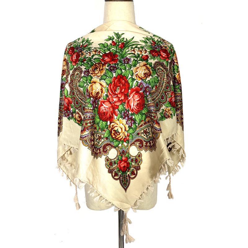 Russian Style Floral Print Tassel Shawl - Ethnic Retro Warm Scarf for Autumn/Winter