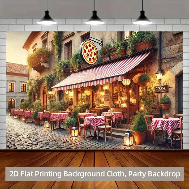 Italian Restaurant Scene Tapestry, Outdoor Pizza Shop Wall Hanging for Live Streaming