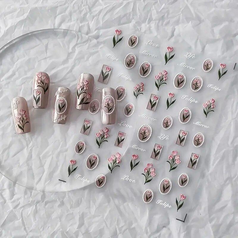 1piece 5Dcute tulip flower nail stickers high quality self-adhesive embossed nail art decals for girls decoration sticker