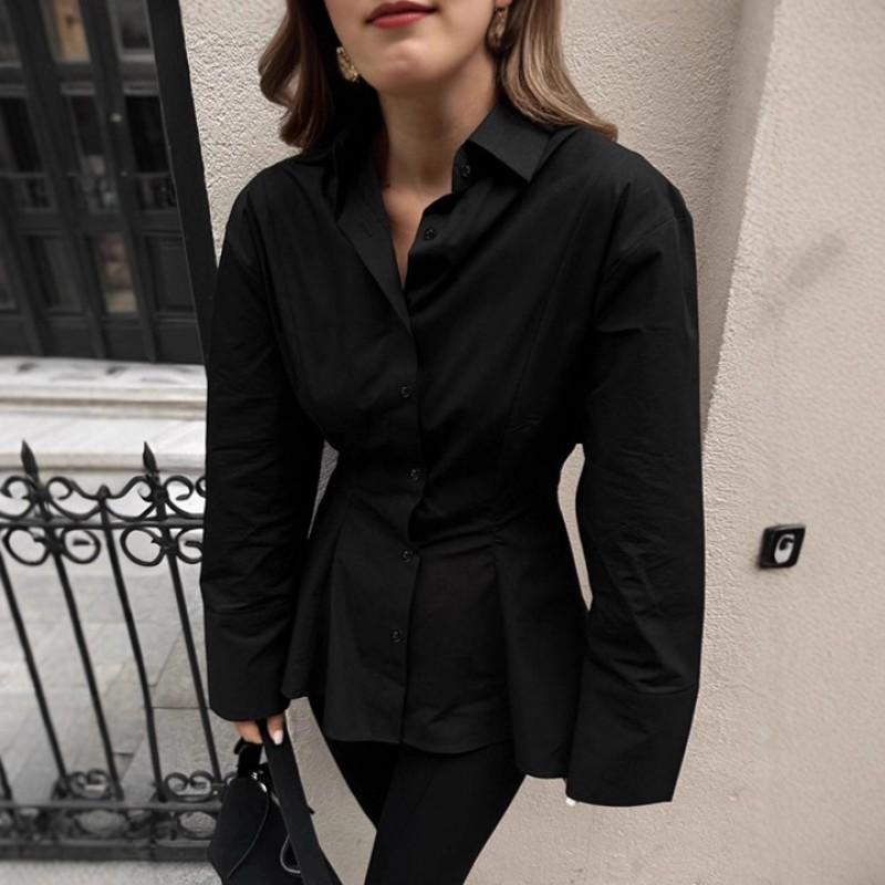 Womens Slim Fit Pleated Cotton Blouse Long Sleeve Office Shirt Mid-Length Brown White Black