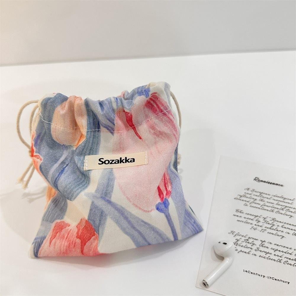 Stylish Japanese Portable Makeup Bag Floral Canvas Drawstring Cosmetic Pouch For Women