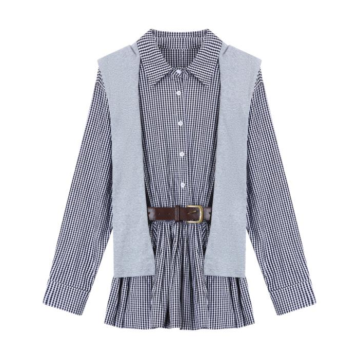 Yarn-dyed fabric polo plaid dress women s autumn waist and thin A-shaped skirt high waist short skirt long sleeve shirt skirt S
