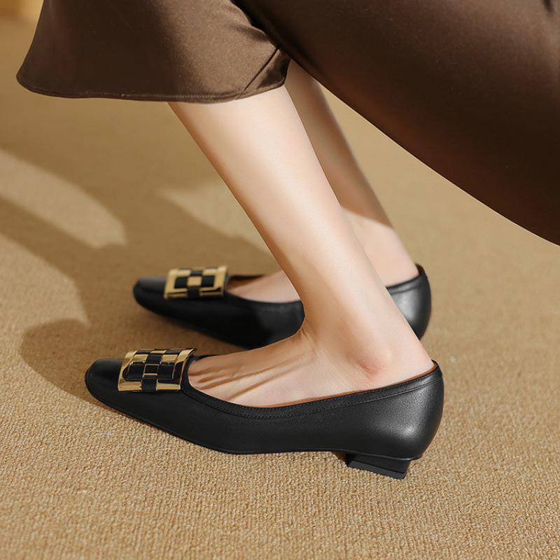 French Four Seasons Shoes Retro Light Mouth Square Head Low Heel Single Shoes Spring and Summer New Low Heel Commuter Versatile Black Women's