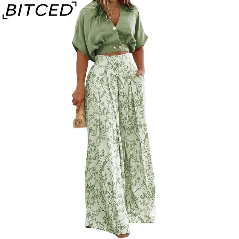 BITCED Summer Set Shirt Top with V-Neck Fashion Print Wide-Leg Trousers Stylish Set
