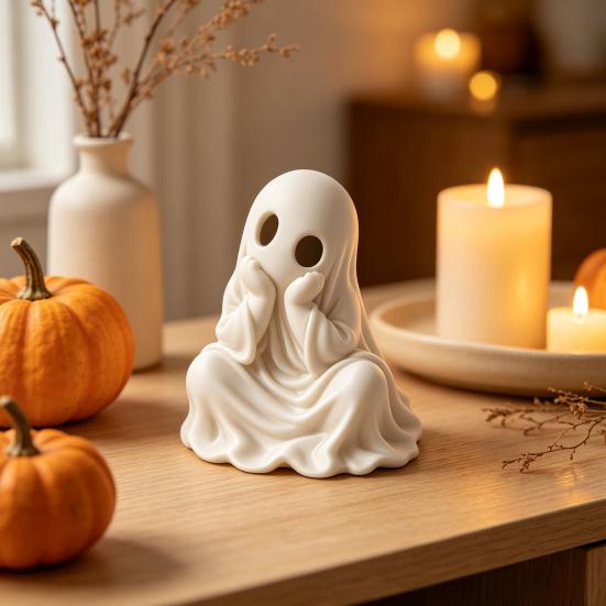 White Black Ghost Figures 3D Printed Halloween Figurine, Cute Chin-Resting Spooky Desk Decor, Decorative Accents Funny Ornament for Home Party