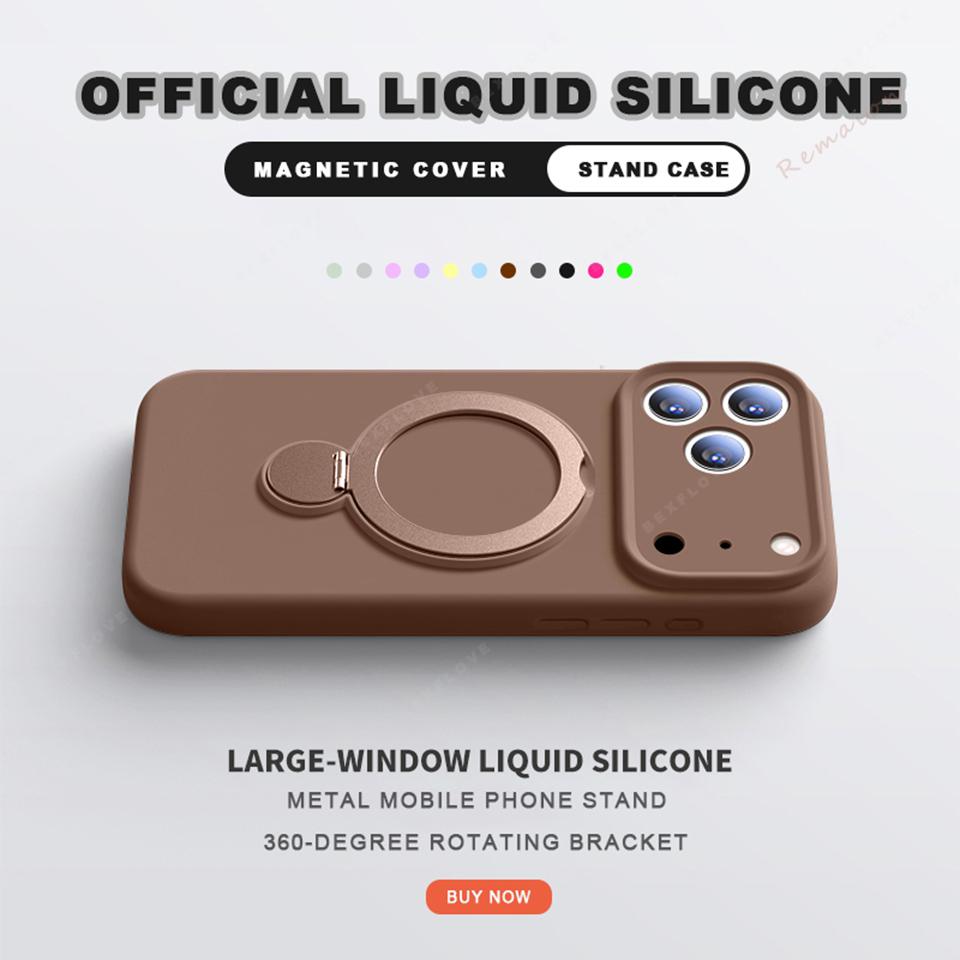 Liquid Silicone Magnetic Phone Bracket Case For iPhone 17 13 14 15 16 Pro Max Air Plus Magsafe Stand Holder Protector Cover
