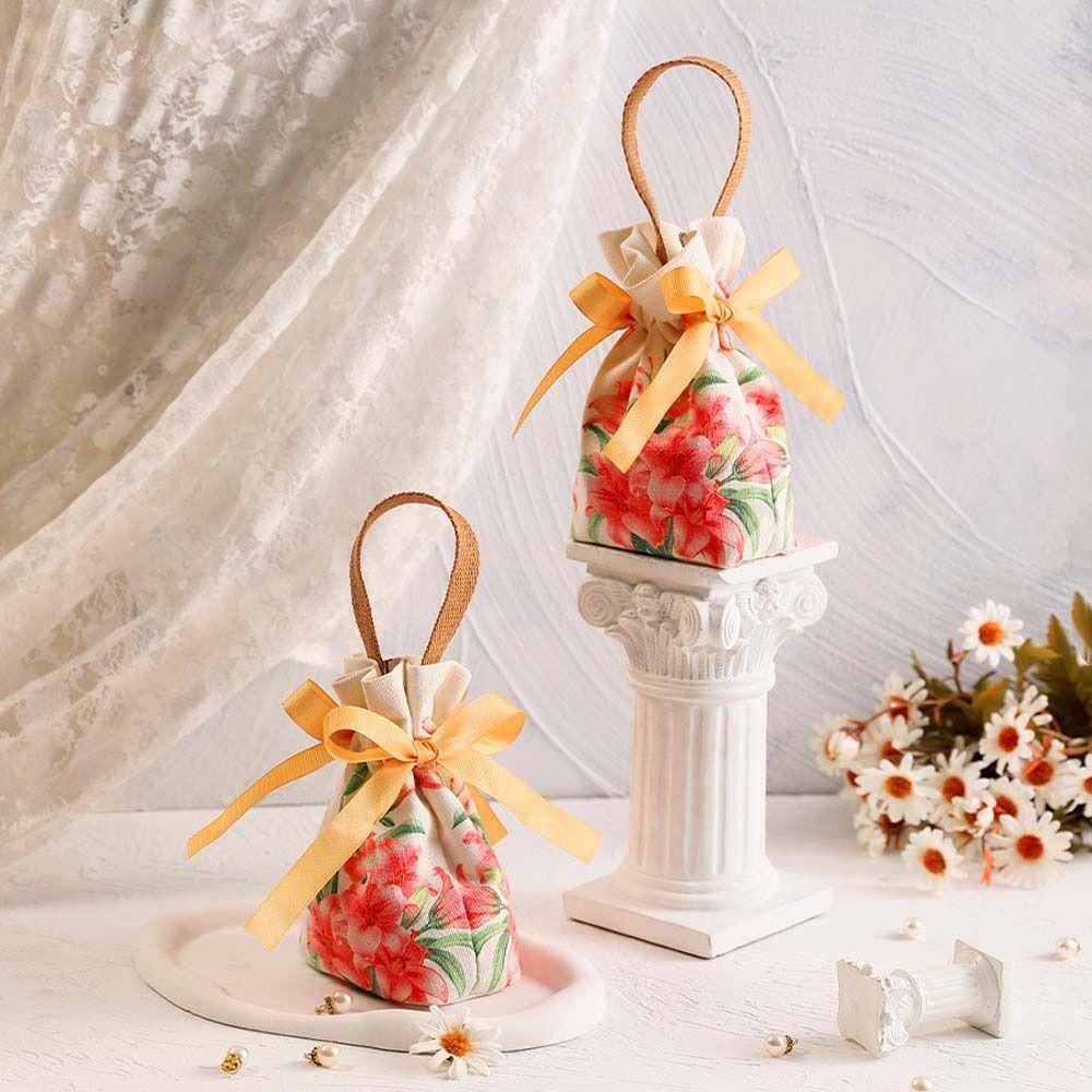 Tulip Rose Flower Drawstring Bag Floral Festive Sugar Bag Portable Ins Canvas Wrist Bag  Outdoor