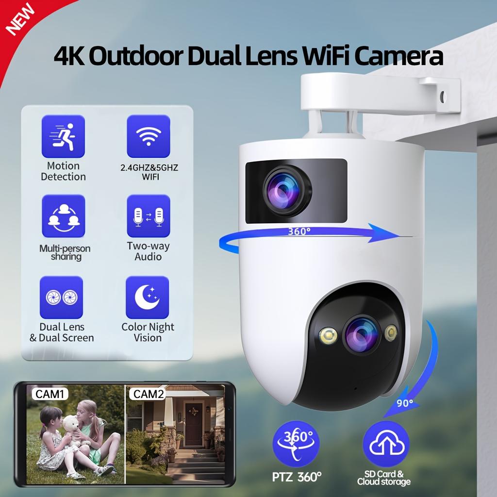 4K Outdoor Dual Lens PTZ WiFi Camera, 5G Compatible, Wall Mount, 1296p Video, Two-way Audio, High Definition Resolution, Audio and Sports Police