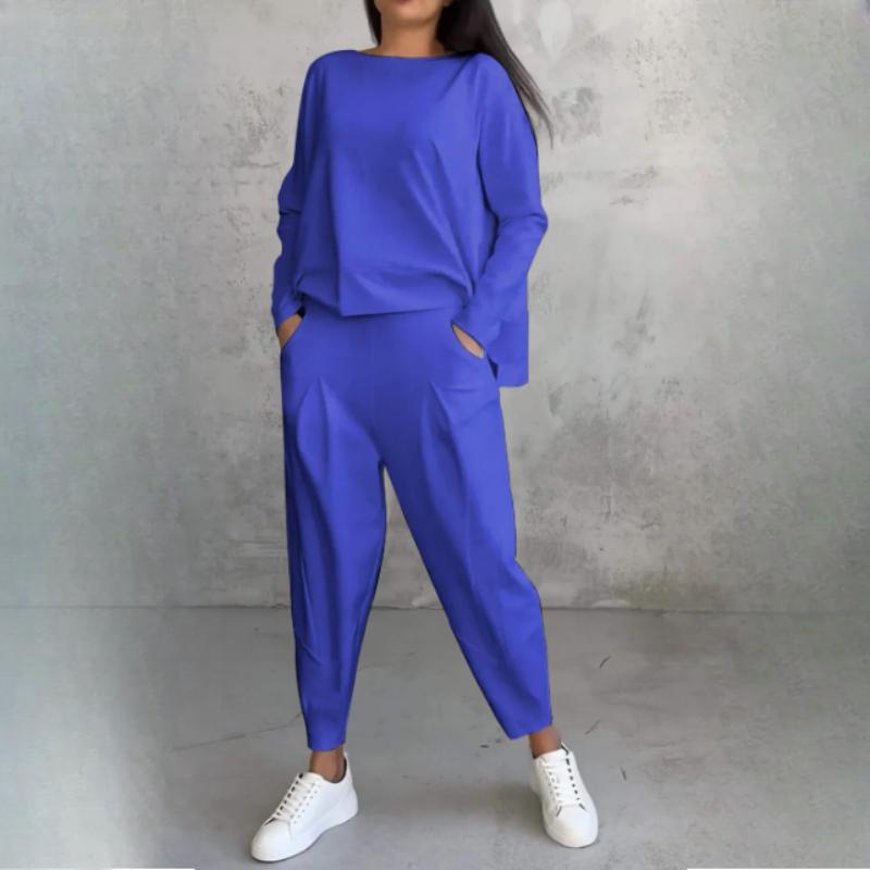 

Весенне-осенний женский повседневный костюм, однотонный, с круглым вырезом, с длинными рукавами, женские брюки с карманами, женские брюки M синий