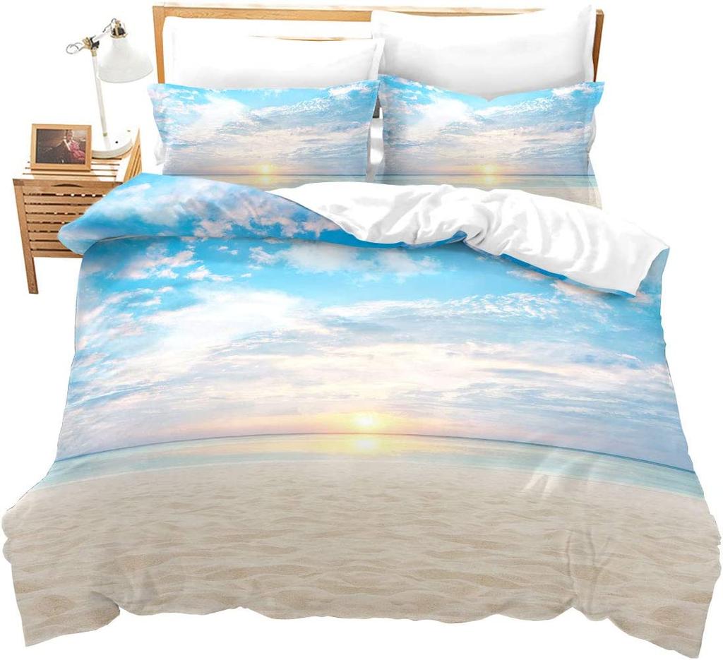 Ocean Beach Palm Tree Duvet Cover Set Sea Wave Polyester Quilt Cover Tropical Leaves Hawaiian Vacation Print For Kid Adult Teen