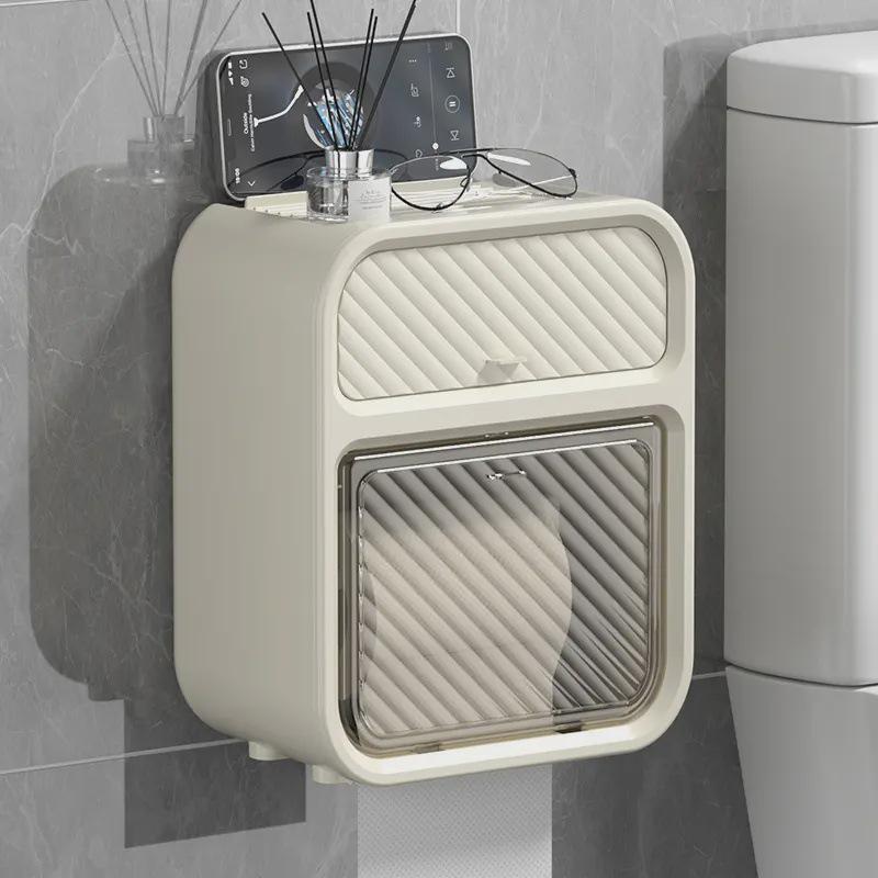 

Wall-Mounted Double-Layer Bathroom Tissue Box Holder, Cream Style, Punch-Free Installation