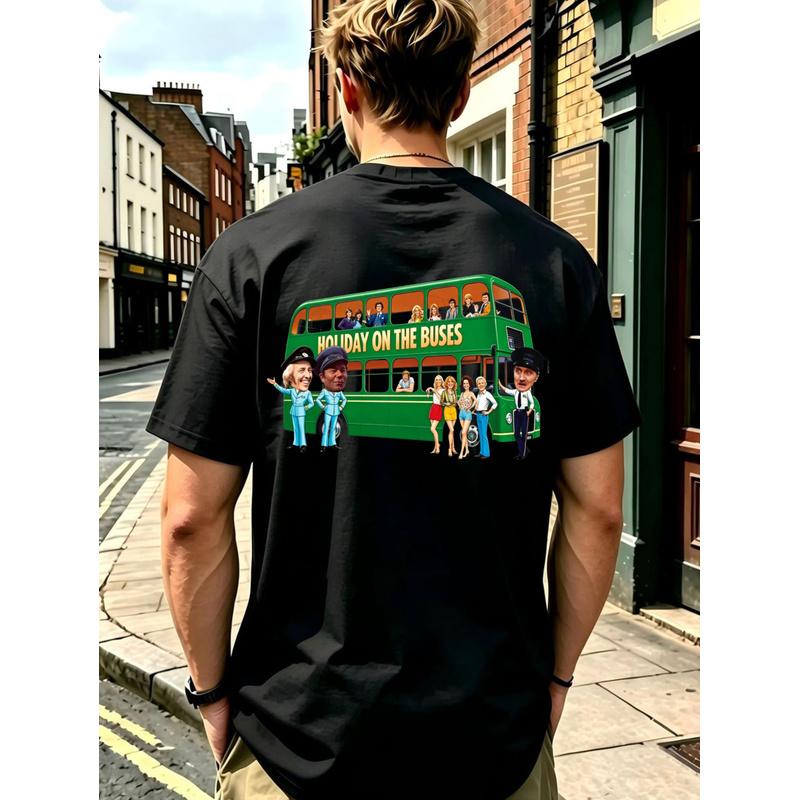 Men's Retro British TV Comedy T-Shirt - Double Decker Bus Print with Iconic Cast Suitable for - Casual Wear, Machine Washable Round Neck Tee for Fans