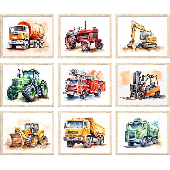TRAMIN 9 pcs Construction Room Decor For Boys - Toddler Boy Room Decor, Truck Wall Art For Kids Room, Car Pictures Wall Decor For Bedroom Playroom,