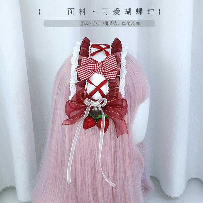 Handmade Strawberry Milkshake Lolita Hair Band Women - Sweet Cartoon Style Wide Headband With Lace Bow Animal Motif