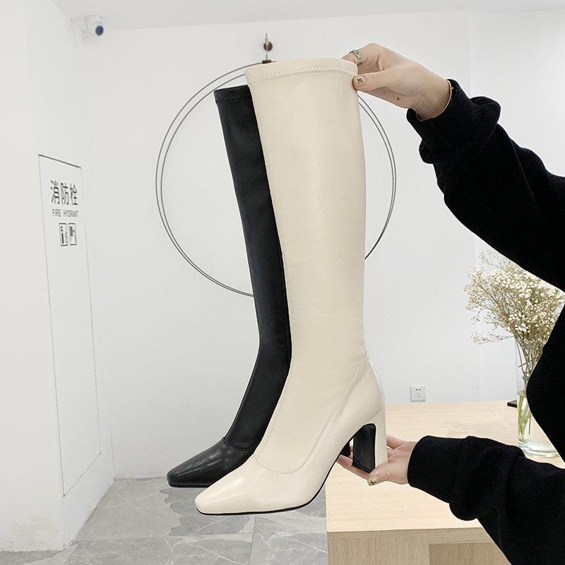 Fashion Knee-high Square-toe Booties Women's Outerwear Autumn Winter Fashion Casual Motorcycle Boots High Heel Zipper Back Design