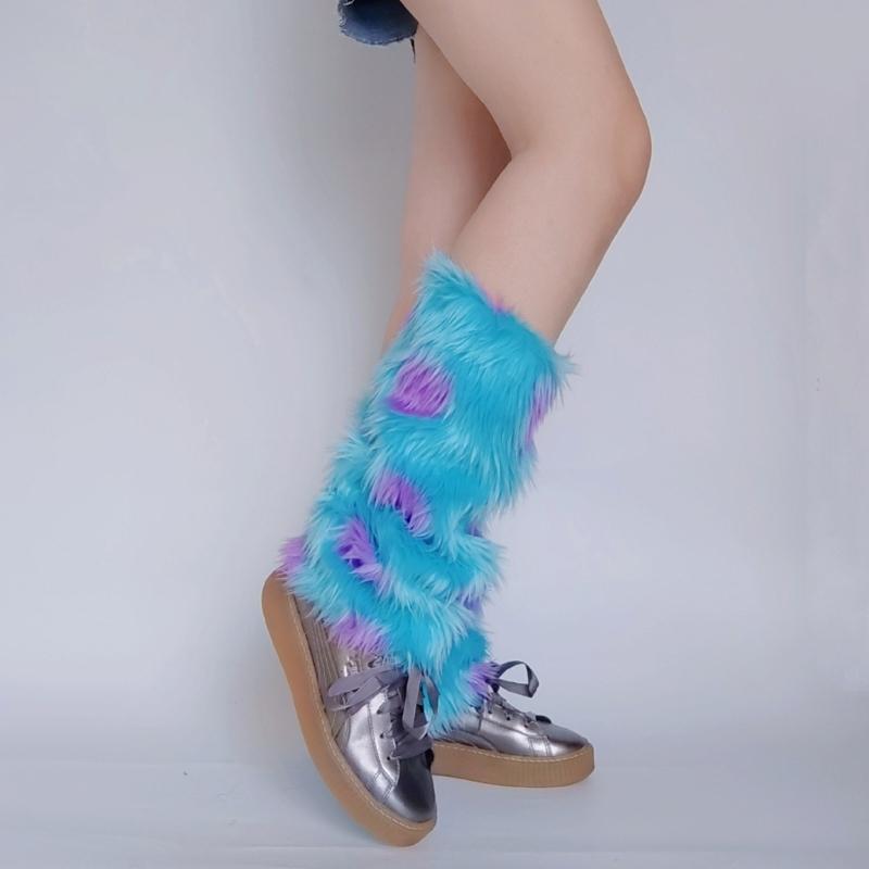 Women Harajuku Winter Warm Plush Leg Warmers Novelty Monsters Colorblock Furry Boots Cover Cosplay Leg Sleeve Long Socks