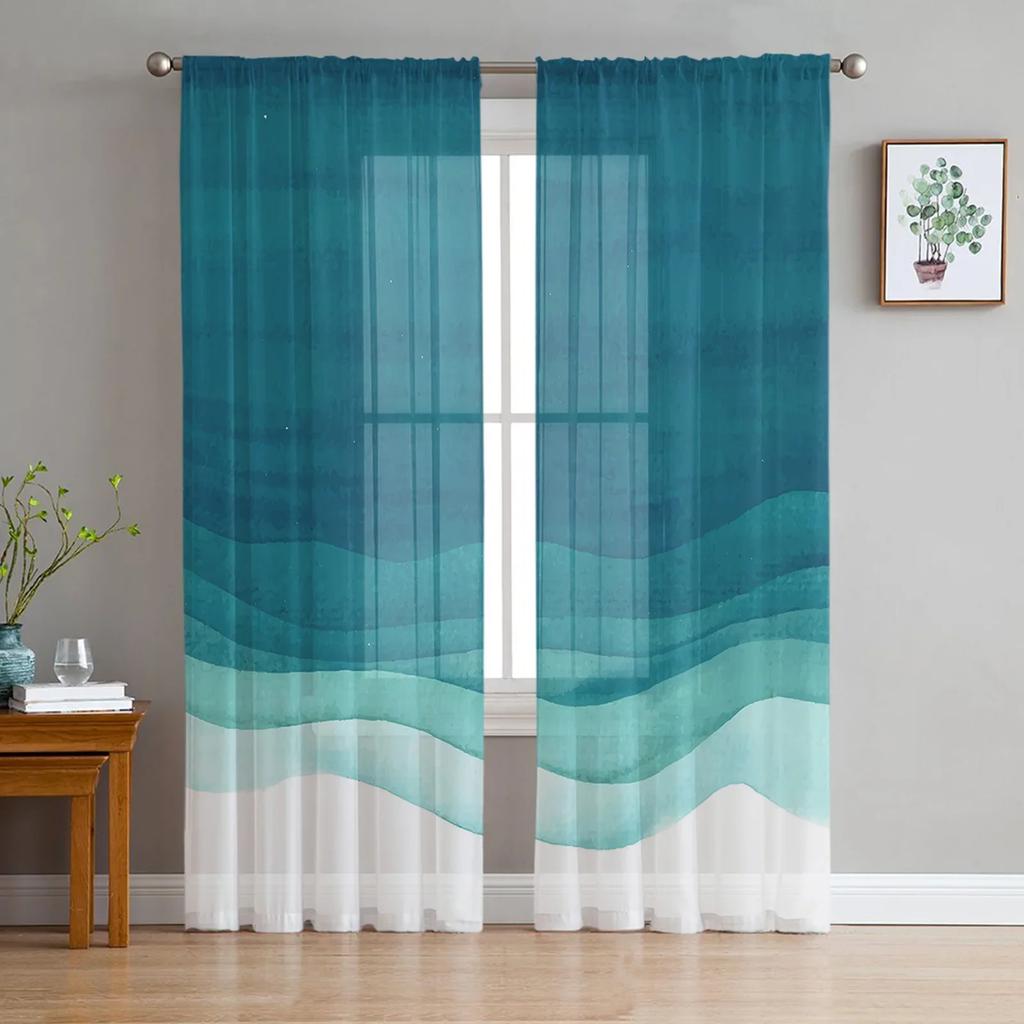Gradient Blue Watercolour Translucent Drapes for Bedroom Space Living Room Decoration Window Drape for Kitchen Area Tulle Voile Organza Curtains