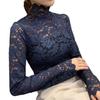 Elegantes Damen-Oberteil mit Rollkragen, langen Ärmeln, floraler Spitze, schmaler Basis-T-Shirt