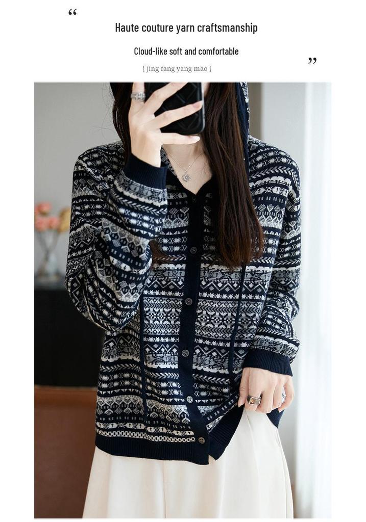 Retro Jacquard Hooded Knit Cardigan Coat - Women's Loose Fit Autumn Sweater