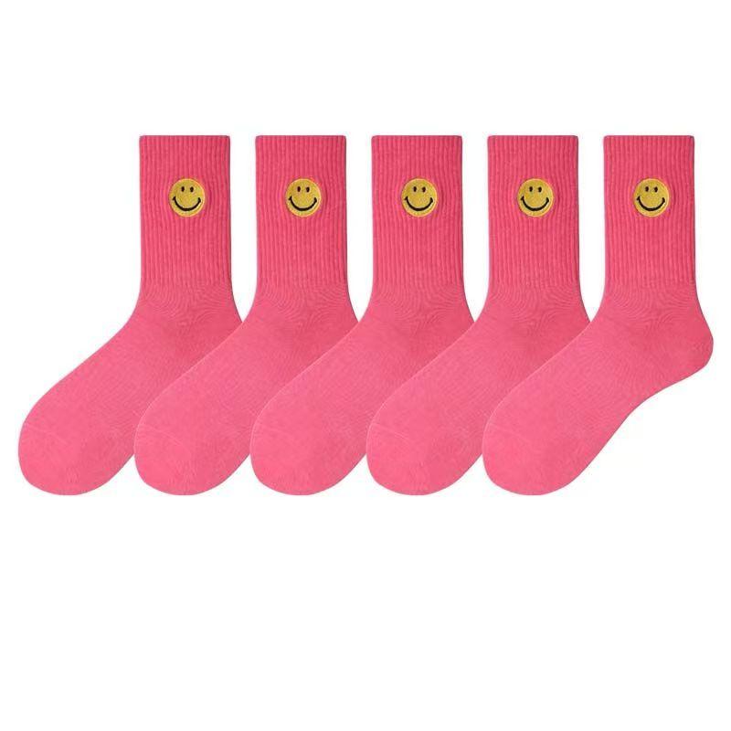 Einfarbige, mittellange Socken mit frischem, lächelndem Gesichtsmuster, schlichtem Design, bequem und atmungsaktiv.